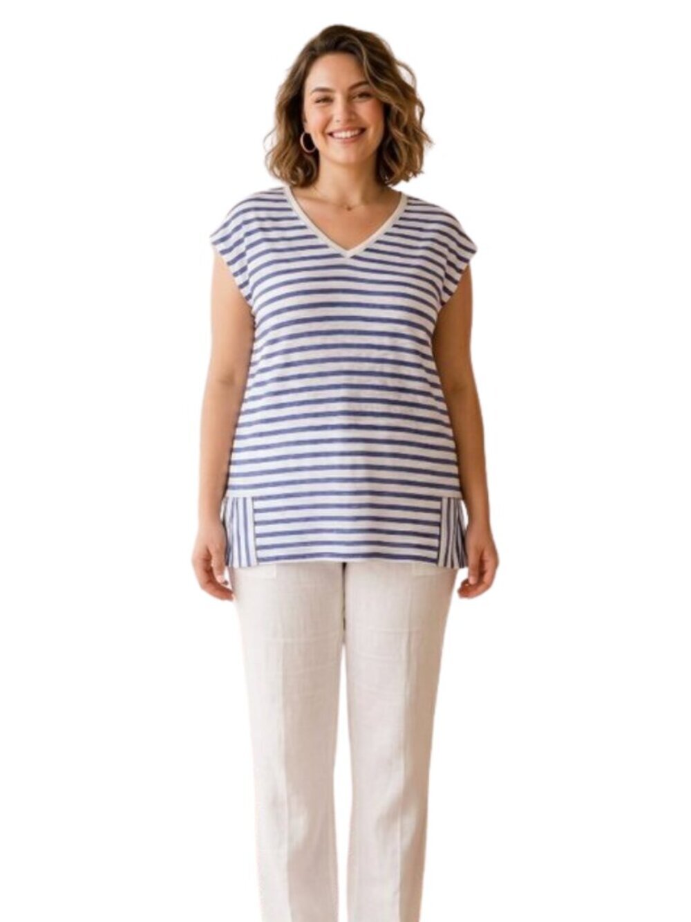 Talbots Navy Blue White Striped V-Neck Casual Tee Shirt Top Coastal Preppy XL